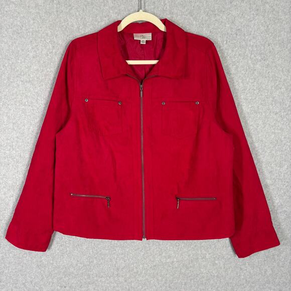 Studio Works Jacket Womens 16P‎ Red Faux Suede Coat Blazer Zipper Classic Granny - Picture 1 of 12
